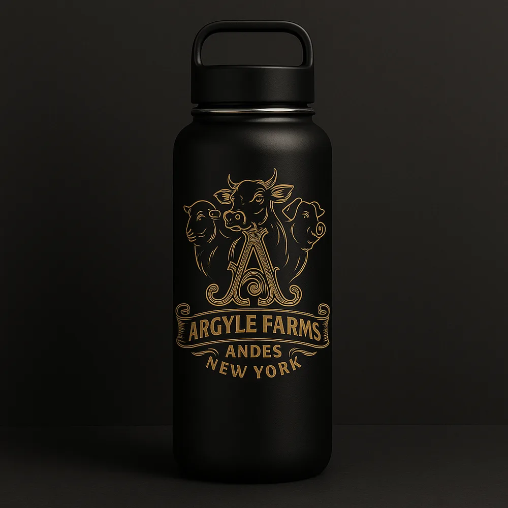 Black 32oz insulated stainless bottle with the laser-etched Argyle Farms crest
