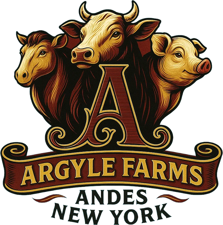Argyle Farms crest: a ram, steer, and hog around a letter A