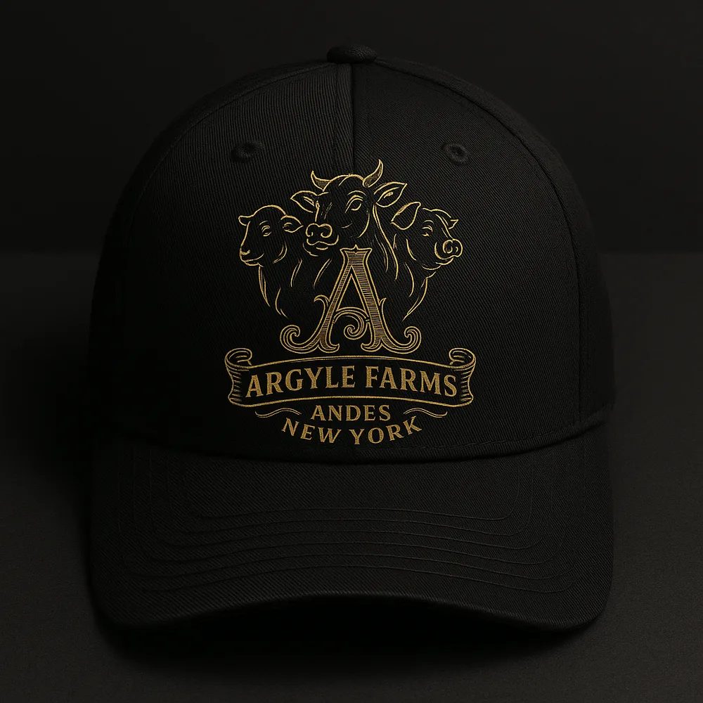 Black structured cap with the gold-embroidered Argyle Farms crest