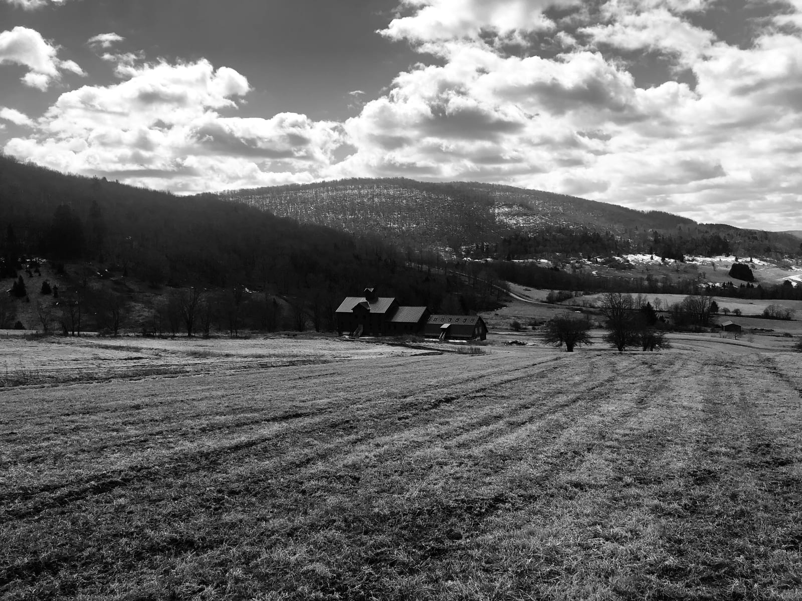 The folded Catskill valley below Argyle Farms in winter